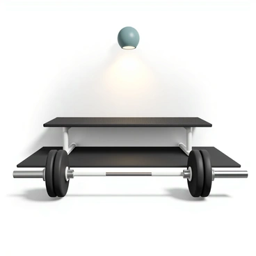 A gym setting, equipped with a sturdy flat bench positioned against a wall. The bench is black with a textured surface for grip. In front of the bench, there is a barbell resting on the floor, featuring a shiny chrome finish with black rubberized weights attached on each side. The weights are arranged symmetrically, and the barbell is secured with clips. The floor is a dark rubber mat suitable for gym exercises, and a bright overhead light illuminates the area, enhancing the visibility of the equipment.