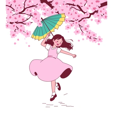 A young girl wearing a light pink dress is twirling joyfully beneath blooming cherry blossom trees. She holds a vibrant parasol that features bright yellow and teal colors, which is open above her as she spins. The pink cherry blossoms are scattered around her, creating a beautiful canopy of flowers that frames the scene. The girl’s hair is flowing freely, and her feet barely touch the ground in her dance.