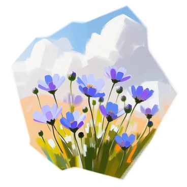 A field of vibrant blue cornflowers is depicted, their delicate petals open wide as they reach towards the sky. The flowers stand tall with green stems that sway gently in a light breeze. Above them, a sky is filled with fluffy white clouds that drift lazily, casting soft shadows on the ground below. The contrast between the bright blue of the cornflowers and the white clouds creates an inviting and cheerful scene.