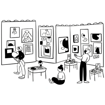 A black-and-white illustration of a gallery filled with various children's illustrations displayed in simple frames on the walls. The floor is lined with drawn tiles, and there are several small tables scattered throughout the space. Each table holds art supplies like crayons, markers, and sheets of paper. The room is spacious, with large windows letting in light, creating a welcoming atmosphere. A few children can be seen in the gallery, interacting with the artworks and each other.
