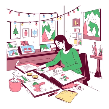 An illustrator sits at a cluttered desk, surrounded by various art supplies and tools. The workspace is adorned with "colorful festive decorations" hanging from the ceiling, including "string lights" and "paper snowflakes." On the desk, there are open sketchbooks filled with "seasonal-themed illustrations," showcasing "winter scenes" and "holiday motifs." A steaming mug of "hot cocoa" sits beside the illustrator, with "marshmallows" floating on top, adding to the cozy atmosphere. The walls are adorned with "framed artwork" reflecting the changing seasons, creating an inviting and creative environment.