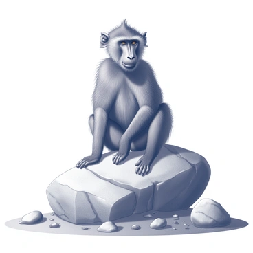 A baboon sitting on a large, rugged rock, adopting a regal posture. The baboon has a thick, well-defined fur coat and a prominent muzzle. Its eyes are focused ahead, exuding an air of authority. The rock is surrounded by a barren landscape, featuring sparse vegetation and scattered stones. The sun casts shadows that highlight the baboon’s strong features and the texture of the rock. The overall composition emphasizes the baboon's dominance in its environment.