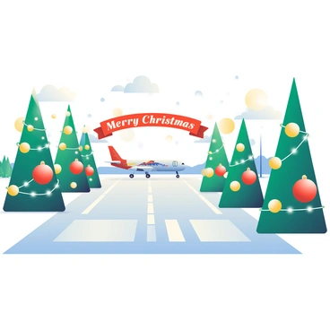 A festive airport runway is illuminated with colorful Christmas lights. The runway is lined with tall evergreen trees wrapped in bright white lights. Large red and gold ornaments hang from the trees, creating a cheerful atmosphere. In the distance, an airplane with a decorated tail is preparing for takeoff, its wings reflecting the twinkling lights. Snow is gently falling, covering the ground in a soft white layer. Nearby, a large "Merry Christmas" banner is displayed above the airport entrance, adding to the holiday spirit.