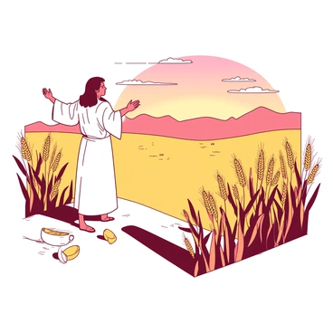A sermon being given in the middle of a golden wheat field, with the sun setting in the distance