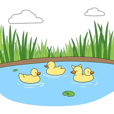 A family of ducks swimming in a pond surrounded by reeds