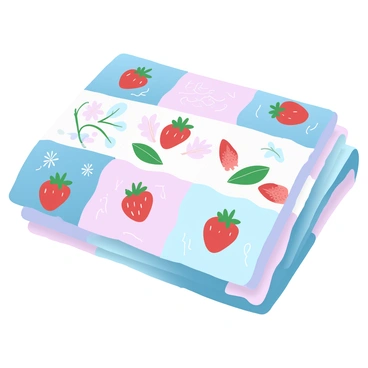 A patchwork quilt is displayed, featuring a variety of intricately sewn strawberry patterns in different shades of red, green, and white. The quilt is composed of multiple squares, each one showcasing unique strawberry designs on a background of pastel colors. Some squares include detailed vine and leaf motifs, while others focus solely on the strawberries themselves. The texture of the fabric appears soft and cozy, inviting one to touch it. The quilt is folded neatly, revealing layers of vibrant patterns and colors.