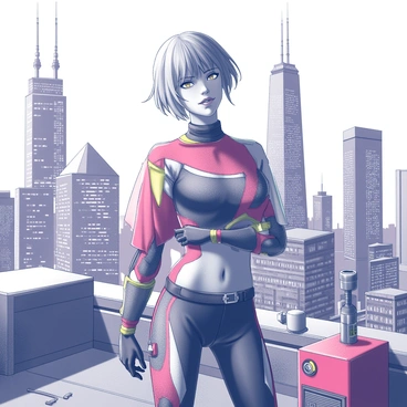 A female character stands confidently on a rooftop. She has vibrant, futuristic clothing detailed with intricate patterns and accents, reflecting a blend of technology and style. Her hair is styled in a unique, angular cut, with strands that appear to float slightly in the wind. The city skyline behind her features towering buildings with angular designs and numerous lights illuminating the scene. The rooftop is equipped with various high-tech gadgets and machinery. The atmosphere is charged with energy, highlighted by the stark contrasts of light and shadow created by the neon elements surrounding her.