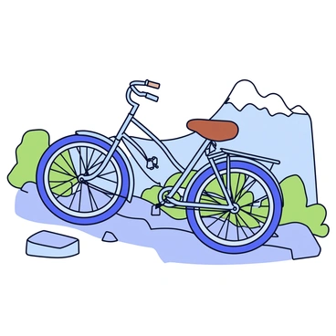 A vintage bike with a classic design featuring a shiny metal frame. The bike has a brown leather saddle, showing natural wear and texture. It is positioned on a rugged mountain trail, surrounded by large, uneven rocks and sparse greenery. The trail stretches into the distance, hinting at the mountainous terrain rising up on either side.