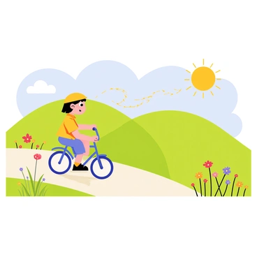 A child with a bright yellow helmet is riding a blue bicycle along a winding path. The landscape is filled with lush green hills and colorful wildflowers in shades of red, pink, and purple. Trails of shimmering light in various hues of blue and gold swirl through the air behind the bicycle, symbolizing wishes being carried away. The sun is shining brightly in a clear blue sky, adding to the vibrancy of the scene.