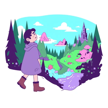 A character traveling from a realistic setting into an illustrated fantasy world