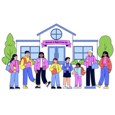 A group of parents and children are lined up outside a school building on registration day. The parents are standing next to their children, who are holding colorful backpacks. Some children are excitedly chatting with each other, while others look at the school with curiosity. The school building has large windows and a welcoming entrance with a banner that reads "Welcome to Registration Day." There are trees and grass in the background, creating a bright, inviting atmosphere.