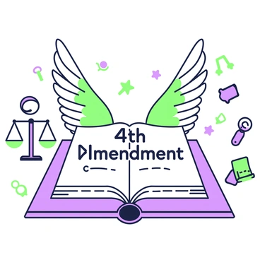 A large book open to a page displaying the text "4th Amendment" prominently in the center. From the page, a pair of wings is emerging, extending outward with intricate details. The wings are fully spread, showcasing their feathers in an elegant manner. Surrounding the book, there are subtle representations of symbols related to freedom and rights, such as a small scale representing justice and a key symbolizing access. The background is simple, emphasizing the book and wings as the focal point of the image.