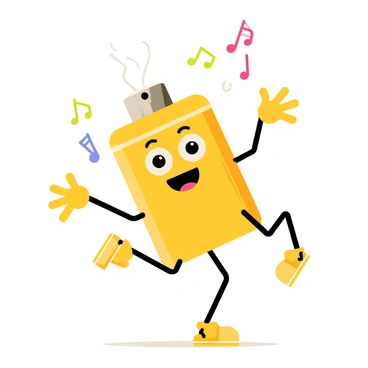A cartoon lighter character with a shiny yellow body, large expressive eyes, and a smiling mouth. The lighter has limbs, including arms and legs, that are thin and exaggerated. It is shown in a dynamic pose, dancing joyfully with one arm raised and one leg lifted off the ground. Colorful musical notes are floating around it, emphasizing the playful atmosphere. The background features a simple, bright pattern that enhances the cartoonish feel of the scene.