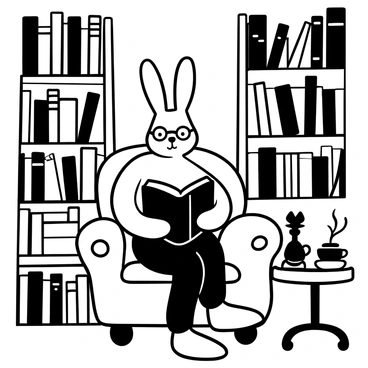 A scholarly hare sitting on a plush armchair, deeply engrossed in a thick book. The hare wears round spectacles perched on its nose and has its long ears perked up in concentration. Surrounding the hare are tall wooden shelves filled with an array of books of various sizes. A small round table next to the armchair holds a steaming cup of tea and a quill resting beside an inkpot. The atmosphere is warm and inviting, with soft shadows cast by a nearby lamp illuminating the pages of the book.