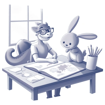 An illustrator is seated at a large wooden table filled with sketches and colored pencils. The illustrator is focused on drawing whimsical characters, such as a smiling dragon wearing glasses and a cheerful bunny with oversized ears. A large open sketchbook displays various designs, showcasing fantastical creatures and playful characters. Sunlight streams through a nearby window, casting light on the table, enhancing the creative atmosphere. There are scattered pieces of paper and a mug filled with brushes nearby.