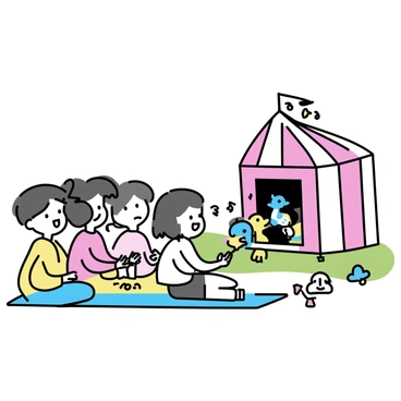 A group of five children, with varying hairstyles and clothing, are sitting on a colorful blanket on grass. They are watching a puppet show taking place in a small red-and-white striped tent. The children are expressing excitement, with wide eyes and smiles. The puppets being presented are colorful and lively, including a blue dragon and a yellow duck. The tent is adorned with small lights, and there are a few plush toys scattered around the children.