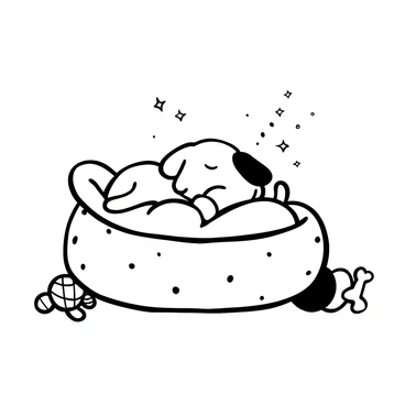 A puppy curled up and sleeping peacefully in a soft, fluffy bed. The bed is round and plush, with a textured surface. The puppy has a fluffy coat and is in a relaxed position, with its paws tucked underneath its body. The surrounding area includes a few scattered toys, such as a rubber ball and a squeaky bone, adding to the cozy atmosphere. The light in the room is soft, creating gentle shadows around the puppy and its bed.