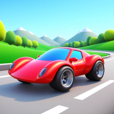 A 3D cartoon sports car with a shiny red exterior and aerodynamic shape is speeding along a highway. The car features exaggerated curves and oversized wheels, giving it a playful appearance. The highway is flanked by lush green hills and vibrant trees, under a clear blue sky. The car's windows are tinted, reflecting the sunlight as it zooms past. In the distance, mountains rise majestically, adding to the scenic backdrop. The road is straight and well-maintained, evoking a sense of excitement and motion.