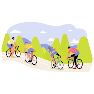 A group of cyclists racing down a wide, winding road. Each cyclist is wearing a distinctively patterned jersey, with bright colors and unique designs such as stripes, polka dots, and geometric shapes. The cyclists are positioned in dynamic poses, with some leaning forward in their saddles and others standing up on the pedals. The road is bordered by green trees and a clear blue sky above, adding to the vibrant scene. Small clouds are scattered across the sky, and the cyclists are surrounded by a sense of speed and excitement as they compete against each other.