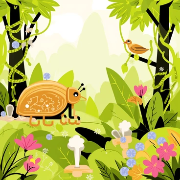 A jungle environment filled with lush green foliage and towering trees. The scene features a variety of mechanical creatures, including a large brass beetle with intricate gears and cogs visible on its shell, and a small copper bird with spinning propellers on its wings. Steam rises from vents in the ground, creating a misty atmosphere. Rusty metal vines entwine around tree trunks, and gears and levers are integrated into the natural landscape. Bright, colorful flowers bloom amidst the mechanical elements, adding a vibrant contrast to the metallic designs.