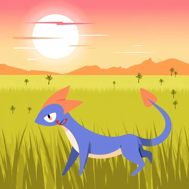 A "Greninja" with its distinctive blue skin and orange accents is crouched low in the tall grasses of a savanna. The grass is depicted in shades of green and gold, swaying gently in the evening breeze. The setting sun casts a warm orange and pink glow across the sky, creating a contrast with Greninja's vibrant colors. Shadows stretch across the landscape as Greninja keeps watch, with its tongue wrapped around its neck, ready for action. The scene captures the essence of the savanna, with scattered acacia trees and a few silhouettes of distant mountains in the background.