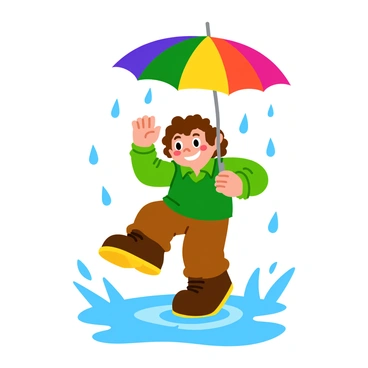 A small hobbit with curly brown hair and large hairy feet is dancing joyfully in the rain. He is wearing a green vest and brown trousers, with a big smile on his face. In his hand, he holds a vibrant, multi-colored umbrella that contrasts beautifully with the gray sky. Water splashes around him as he stomps in a puddle-filled street, with ripples forming in the water. Raindrops fall around him, creating a whimsical atmosphere.
