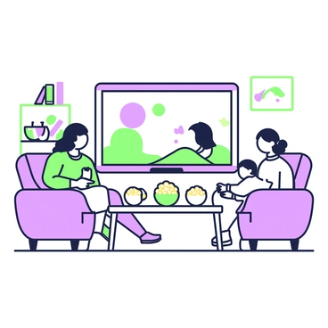 A family is gathered in a cozy living room, seated comfortably on a large, plush sofa facing a large TV screen. On the coffee table in front of them, there are several bowls of popcorn, some with butter dripping down the sides. The family consists of two adults and two children, with the adults sitting on either end of the sofa. One child is leaning forward in excitement, while the other is nestled under a blanket. The TV screen displays an animated movie scene, casting a soft glow on their faces as they enjoy the film together. The room is furnished with a bookshelf filled with books and a few framed photographs on the walls.