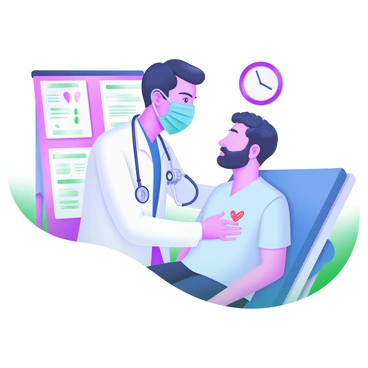 A doctor with short hair, wearing a white coat and a blue surgical mask, is using a stethoscope to listen to a patient's heartbeat. The doctor is focused, with a slight tilt of their head, as they hold the stethoscope against the patient's chest. The patient, an adult male with short black hair, is sitting comfortably on an examination table, wearing a light blue shirt. In the background, there are medical charts and a wall clock, adding context to the clinical setting. The overall atmosphere is calm and professional.
