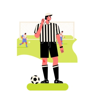 A referee standing confidently on a grassy field, wearing a black and white striped shirt. The referee is equipped with protective gear, including shiny black shin guards and a white cap. The referee is blowing a whistle, and a soccer ball is positioned nearby on the field. The background shows goalposts and a few blurred players in action, emphasizing the referee's role in the game.