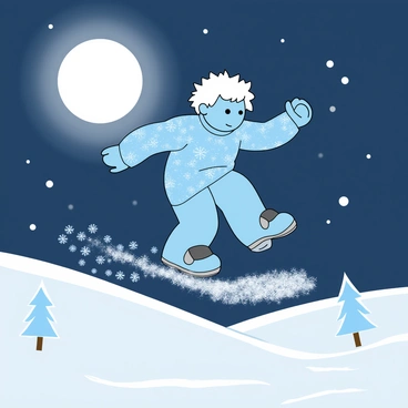 A figure named "Jack Frost" is shown gliding smoothly over a snowy landscape under a bright, full moon. He has light blue skin and tousled white hair that sparkles like frost. He wears a playful outfit made of shimmering ice-blue fabric, adorned with frosty patterns. As he moves, he leaves behind a distinct trail of sparkling frost that glistens in the moonlight. The landscape below is covered in a blanket of soft, glistening snow, with a few frosty trees silhouetted against the luminous moonlit sky. Small snowflakes flutter gently around him, enhancing the enchanting winter scene.