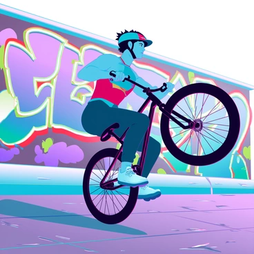 A BMX rider with a muscular build and wearing a vibrant helmet and protective gear is mid-air, executing an impressive trick on their bike. The cyclist has short, spiked hair and is focused as they twist their body to show off the skill. Below them, the ground is a textured asphalt, with tire marks visible. The colorful graffiti-covered wall behind them features a mix of abstract shapes, bold colors, and stylized letters, creating a lively urban atmosphere. Sunlight creates sharp contrasts, highlighting the rider's movement against the dynamic backdrop.