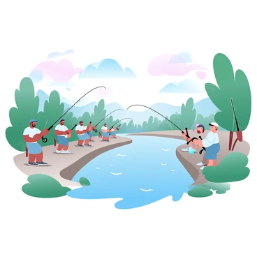 A fishing competition is taking place along a riverbank, with several participants lining the shore. Each angler is dressed in casual fishing attire, holding their fishing rods with enthusiasm. Some are casting their lines into the water, while others are adjusting their tackle boxes. Colorful fishing hats and accessories are visible on many participants. The river is surrounded by lush greenery, with trees and bushes framing the scene. The sky is filled with gradient pastel colors, adding a vibrant atmosphere to the lively event. A few spectators can be seen in the background, cheering on the competitors.
