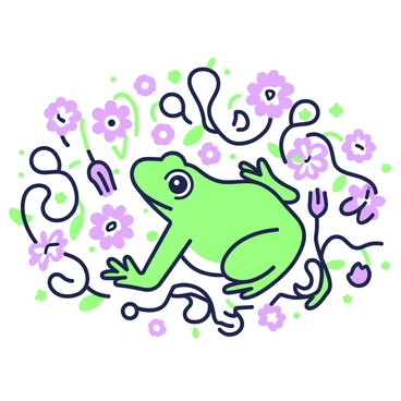 A frog is elegantly posed at the center of the composition. The frog has smooth skin and prominent eyes, and its limbs are arranged gracefully. Surrounding the frog, there are intricate swirls that flow organically, creating a sense of movement. Scattered among the swirls are various flowers, each with unique shapes and details. The flowers have delicate petals and varied forms, enhancing the overall design. The arrangement creates an ornate and captivating scene, drawing the viewer's attention to the frog.