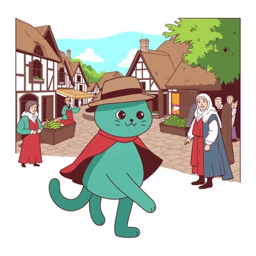 A teal cat wearing a small brown hat and a red cape is strolling through a quaint medieval village. The cat has a confident expression as it walks down cobblestone streets. Various townsfolk, dressed in simple medieval clothing, are smiling and waving at the cat. In the background, there are charming, timber-framed houses with thatched roofs and colorful flower boxes. A market stall with fresh produce is set up nearby, and a gentle breeze rustles the leaves of the trees lining the street.