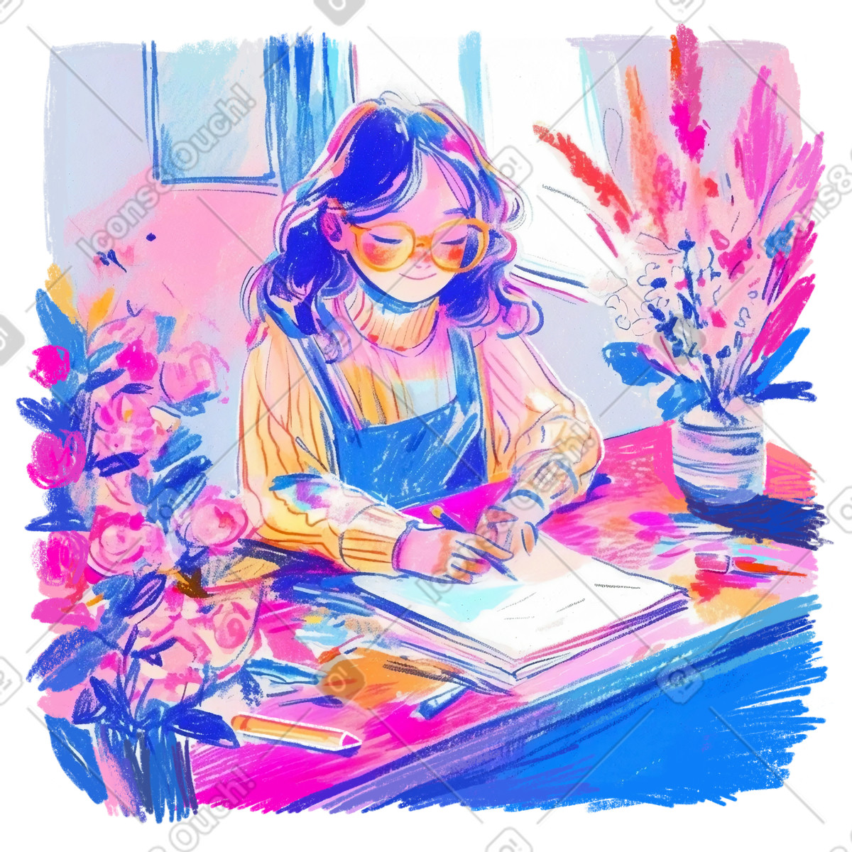 Illustration Dessin au crayon d'une jeune femme dessinant à table dans le style Fuchsia télécharger aux formats PNG, SVG