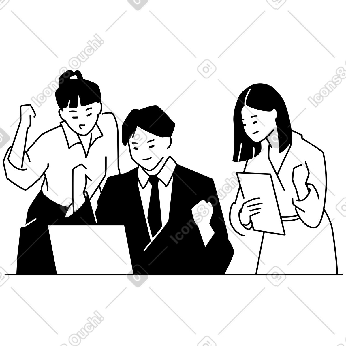Workplace collaboration, goal completion, office team cheering around laptop illustration in Weekday style download in PNG, SVG
