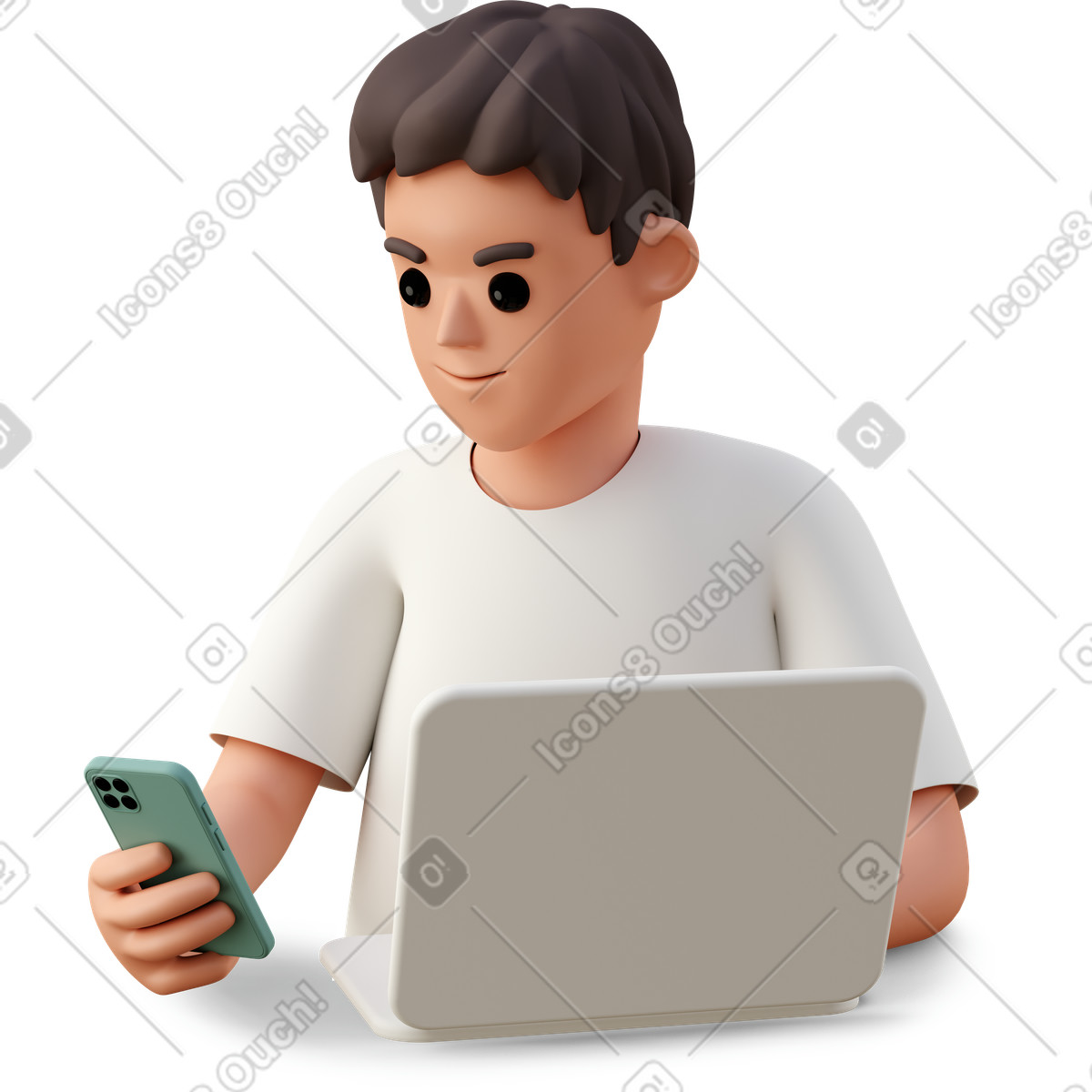 下载 3D Casual life 风格的 Boy using laptop and phone 插画，支持 PNG、SVG 格式
