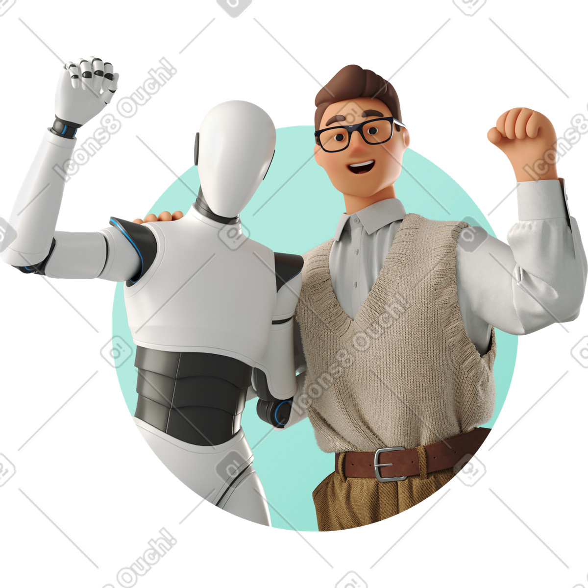 Office worker and humanoid robot raising fists in circle illustration 3D Business style download PNG, SVG