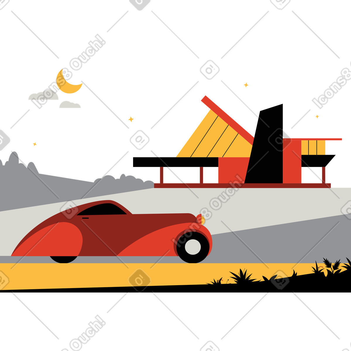 Car driving past modern house at night illustration in Burgundy style download in PNG, SVG