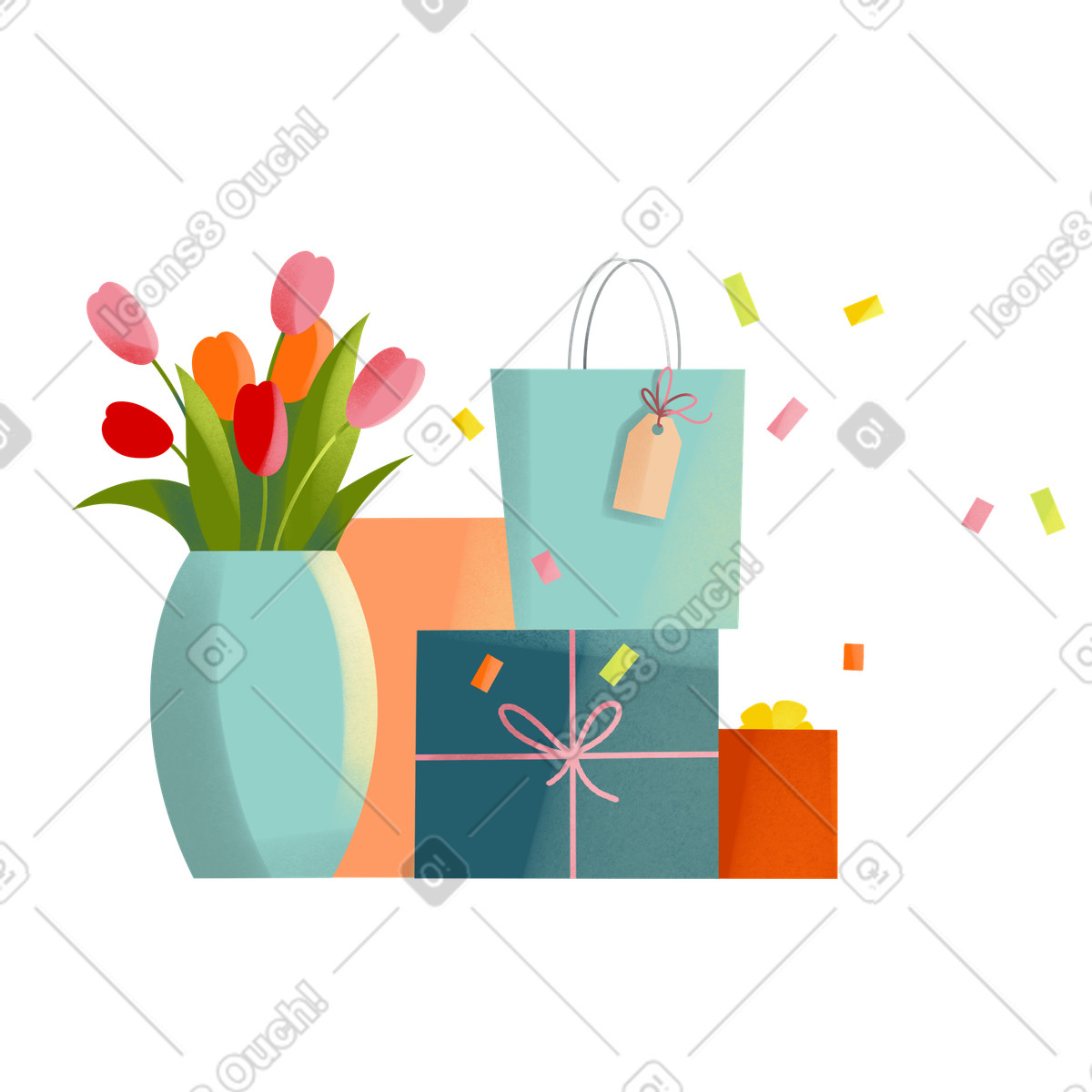 Ilustración Ramo de tulipanes en un jarrón y cajas con regalos estilo Shine a descargar PNG SVG