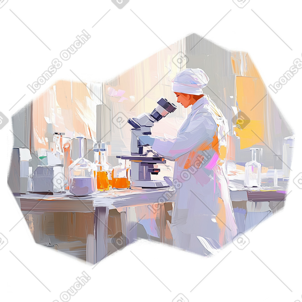 Illustration Oil painting of female scientist with microscope in laboratory dans le style Pictorial à télécharger aux formats PNG, SVG