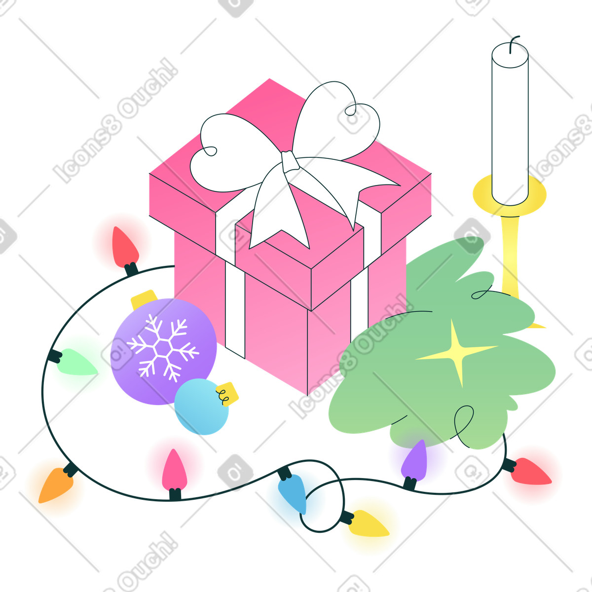 Illustration Gift box with holiday ornaments and candle, Christmas celebration dans le style Florid à télécharger aux formats PNG, SVG