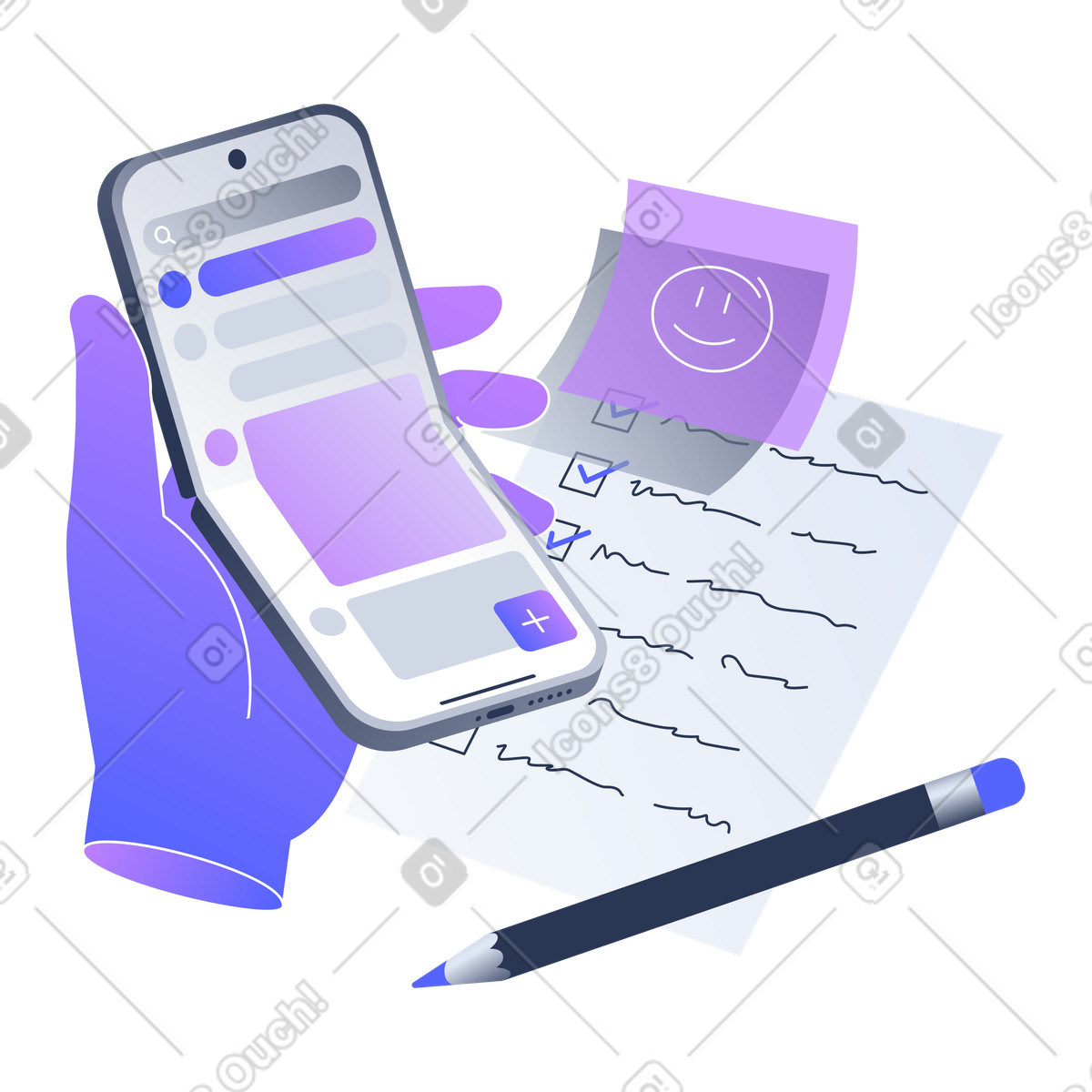 Lucent スタイルの スマートフォンと手書きのリマインダーを使ったタスク計画 のイラストをPNG、SVG形式でダウンロード