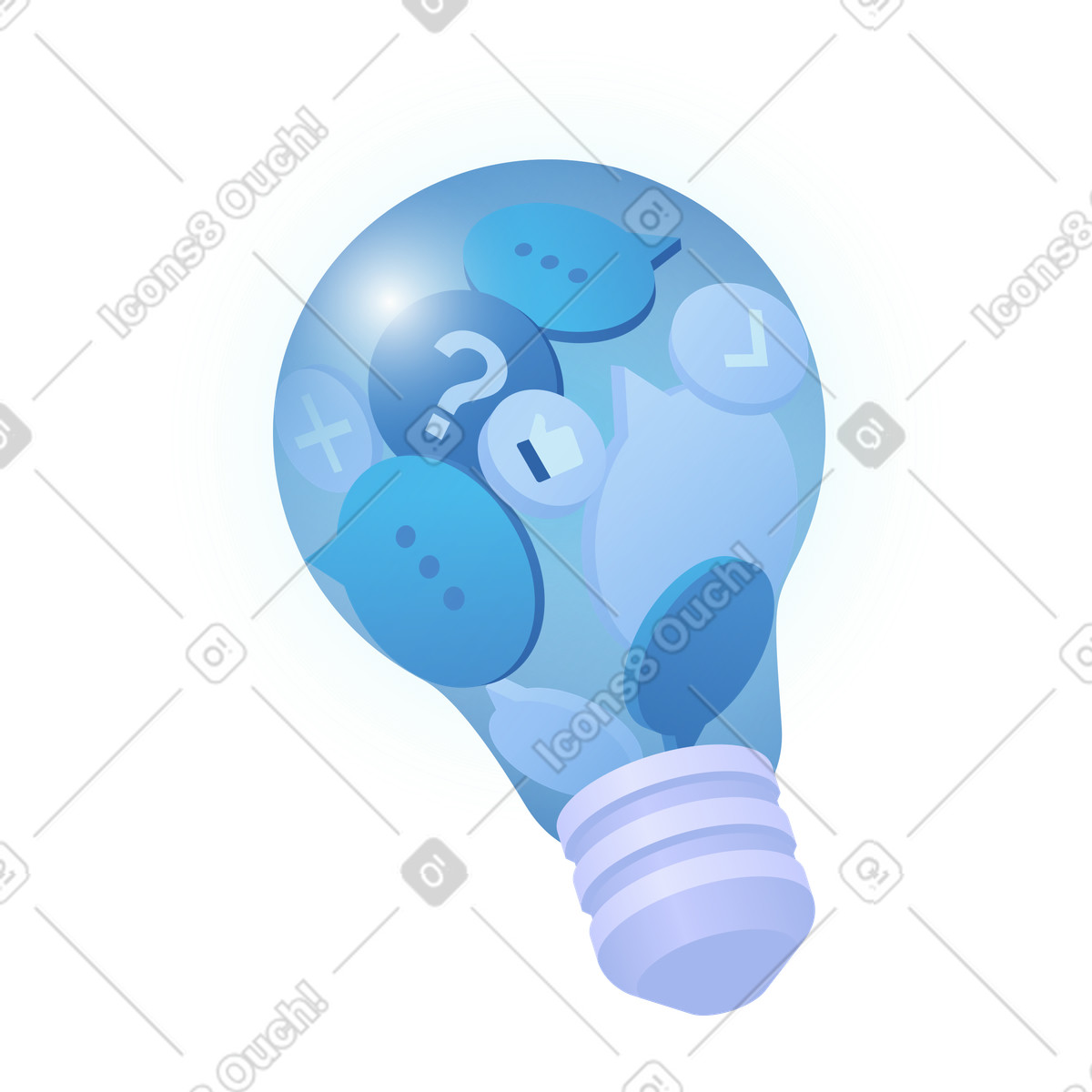 Brainstorming and collaboration with lightbulb chat icons illustration in Quantum style download in PNG, SVG
