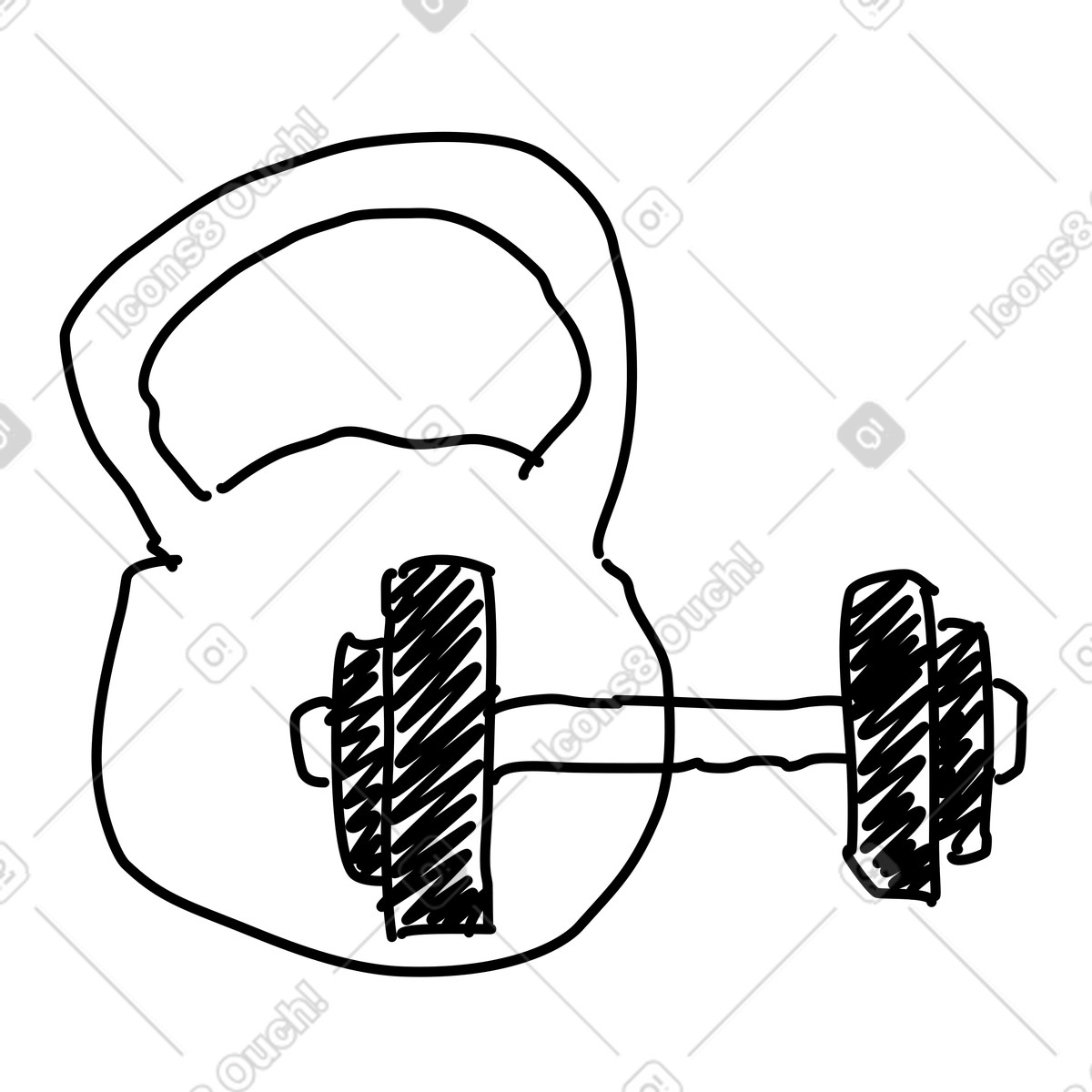下载 Rough 风格的 Kettlebell and dumbbell hand drawn fitness equipment outline sketch 插画，支持 PNG、SVG 格式