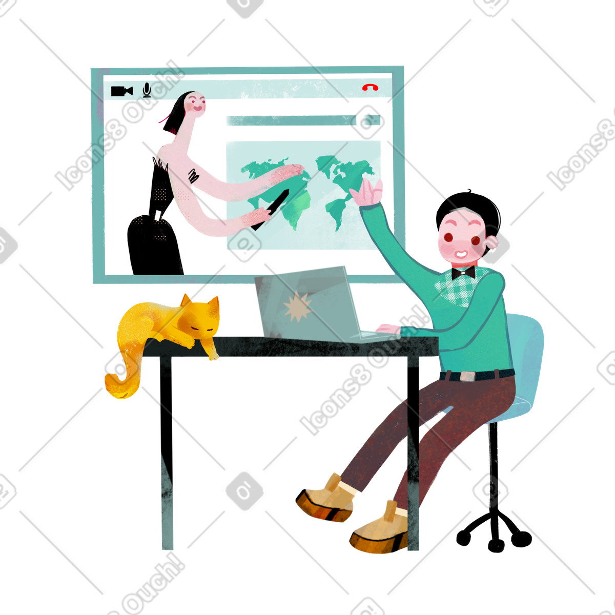 Junge besucht virtuellen unterricht und lernt geographie-Illustration im Fabulous-Stil als Download in PNG, SVG