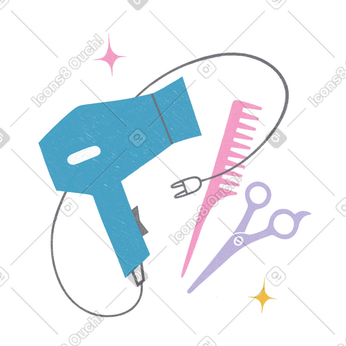Ilustración Abanico, cepillo y tijeras como instrumentos de peluquería. en estilo Tutti a descargar en PNG SVG