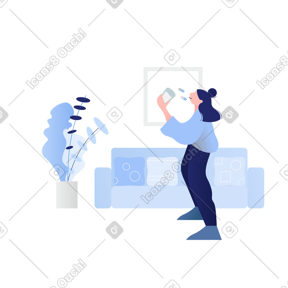 Clip スタイルの 自宅で薬を服用している女性 のイラストをPNG、SVG形式でダウンロード