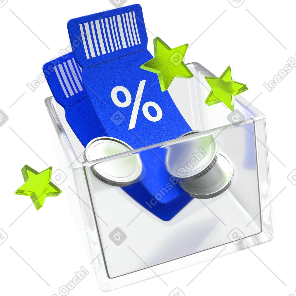 Discount voucher box, Promo coupons with stars and coins, Special offer illustration in PNG, SVG