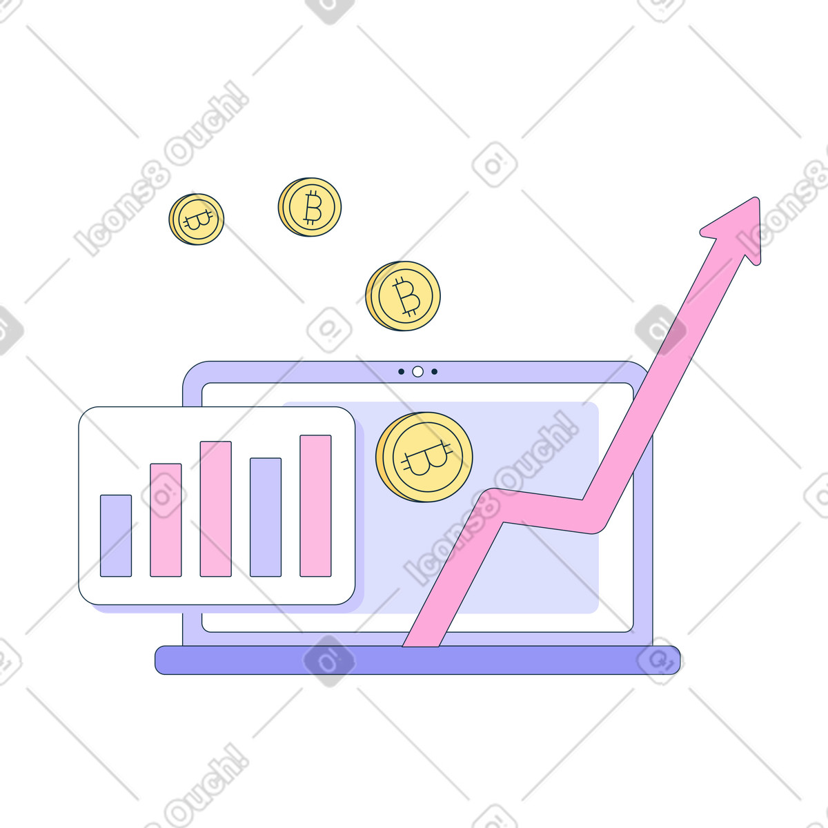 Laptop with bitcoin statistics on cryptocurrency market illustration in Bubble gum style download in PNG, SVG